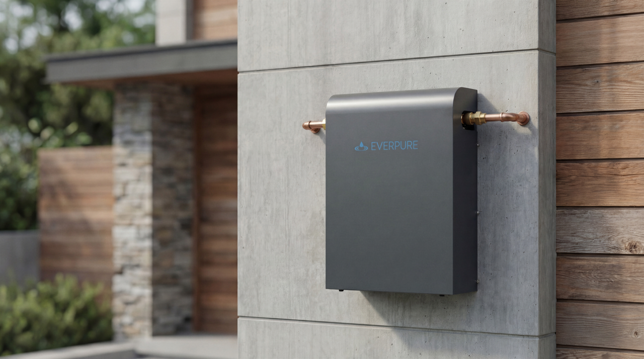 Everpure wall-mounted water filtration unit with copper pipes, installed in a modern home